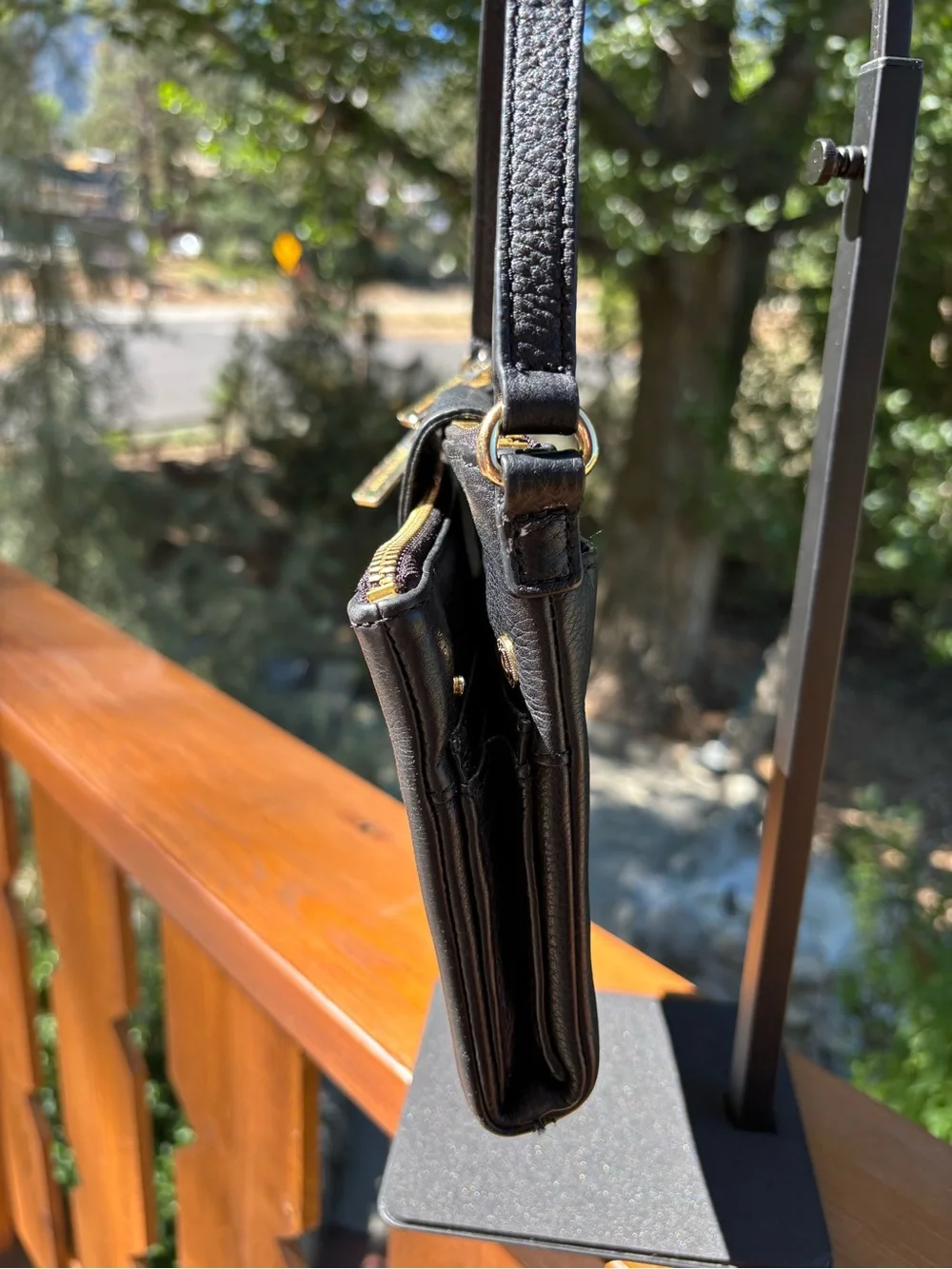 Michael Kors Black Leather Crossbody with Gold MK Emblem